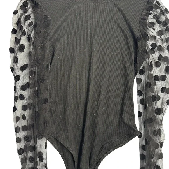 Shein Black Bodysuit Top Polka Dot Mesh Puff Long Sleeves Ribbed Womens‎ Medium - Picture 5 of 7